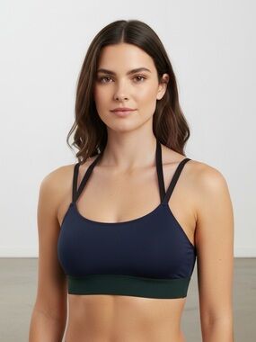 Heroine Sport Bra Blue Green Straps Round Neckline Stretchy Size Medium athletic